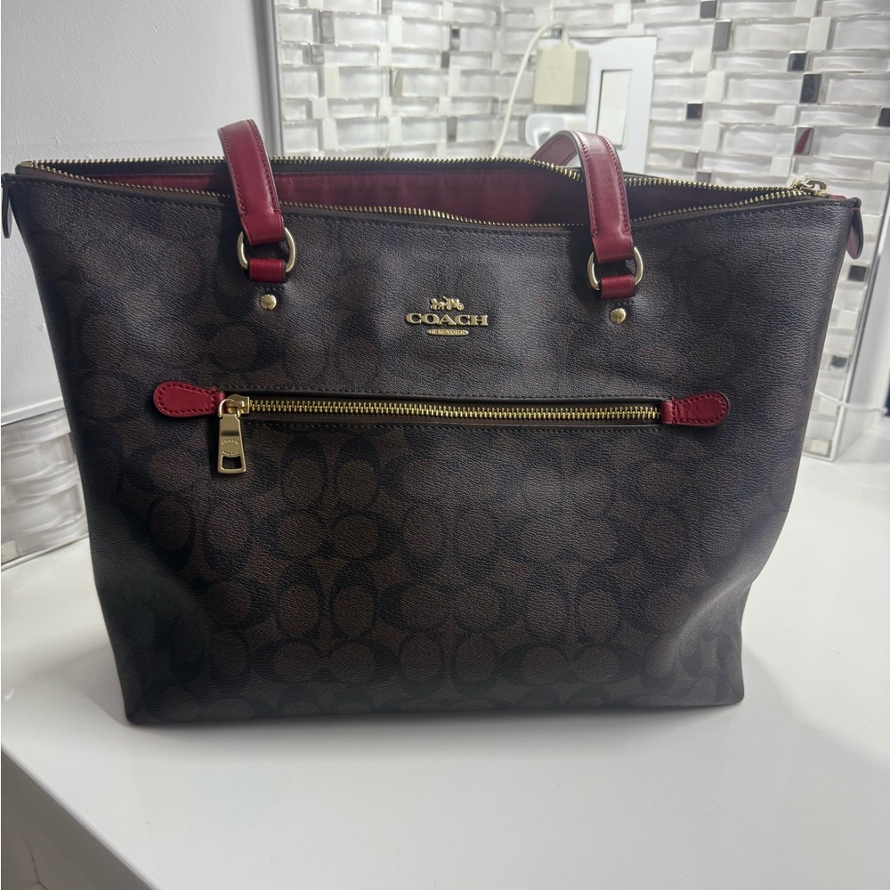 Coach Brown Tote with Red Accents